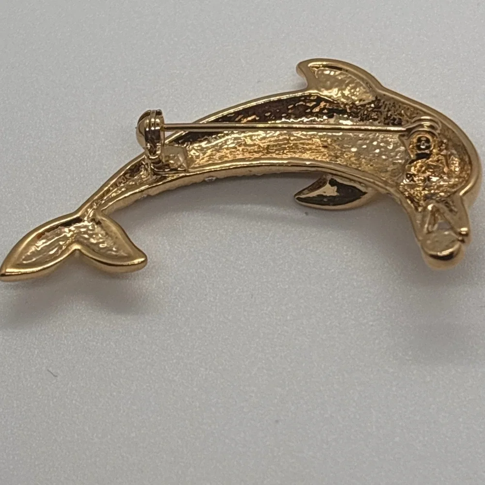 Rhinestone Dolphin Brooch Pin Gold Tone Crystal Animal Jewelry Accessory‎